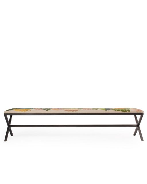 Verde Zak / Green Linen Embroidered X Bench with Metal Frame - Bokja